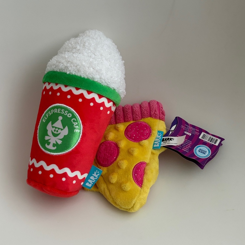 Bark Pizza Slice and Coffee Cup Dog Toys